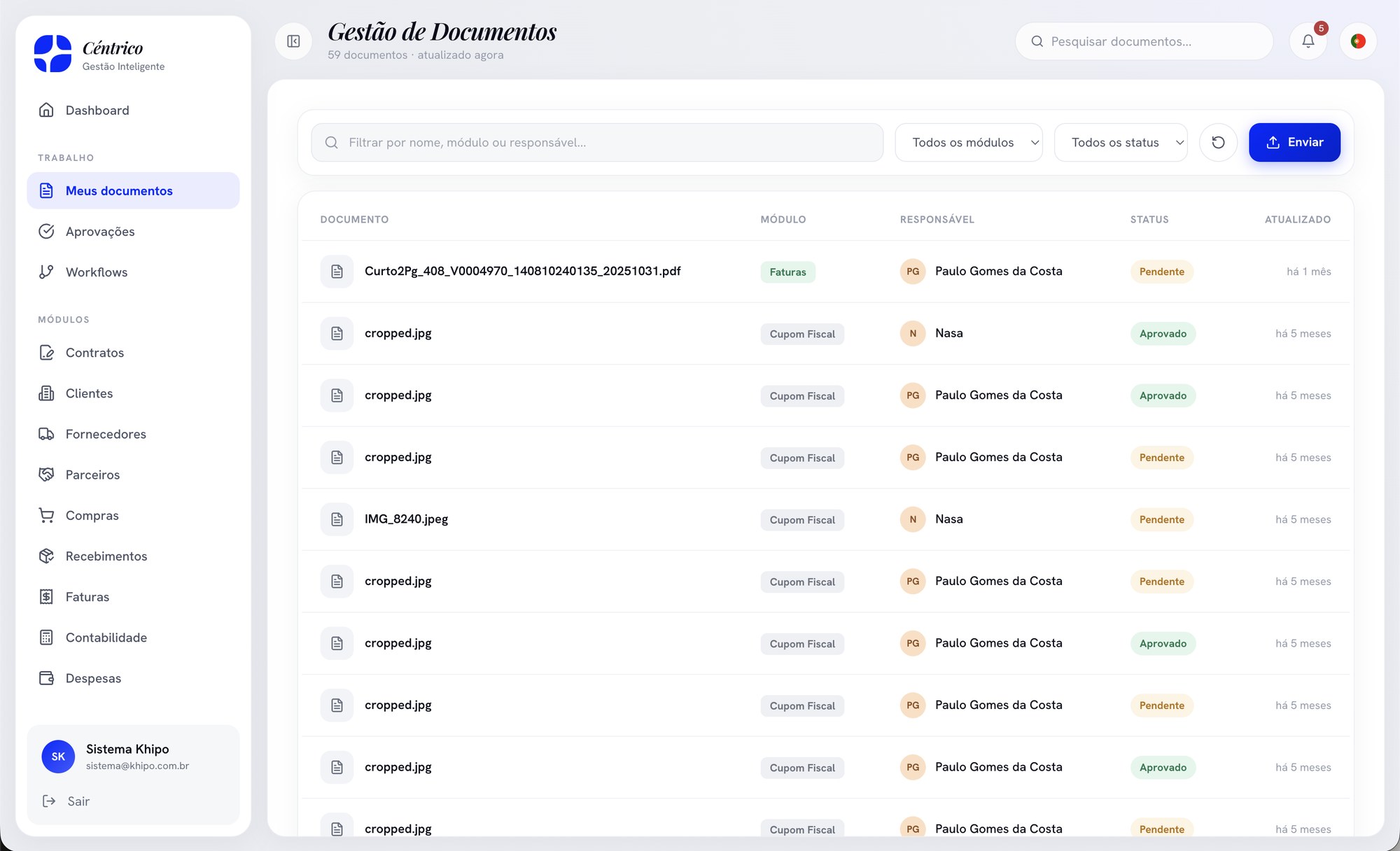 Acervo pesquisável por nome, módulo, responsável e status