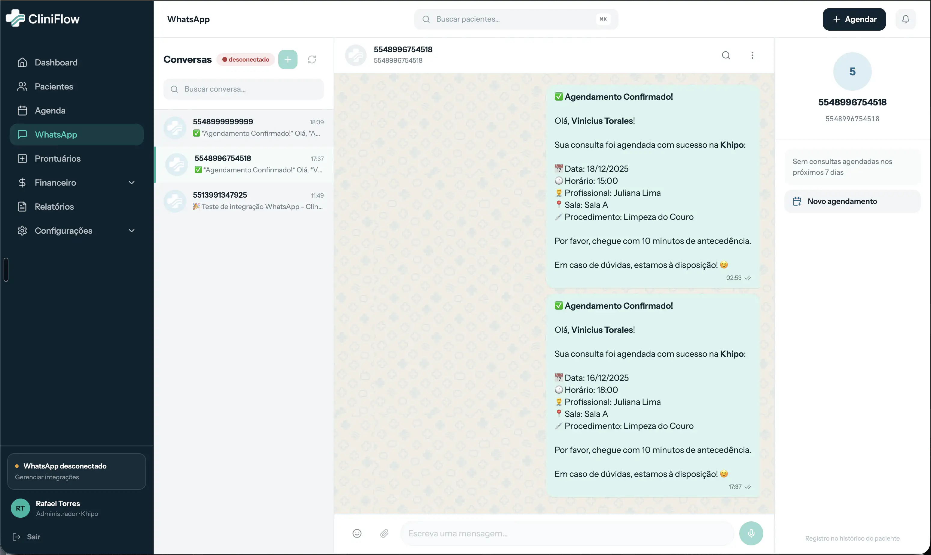 Conversas com confirmação automática de agendamento