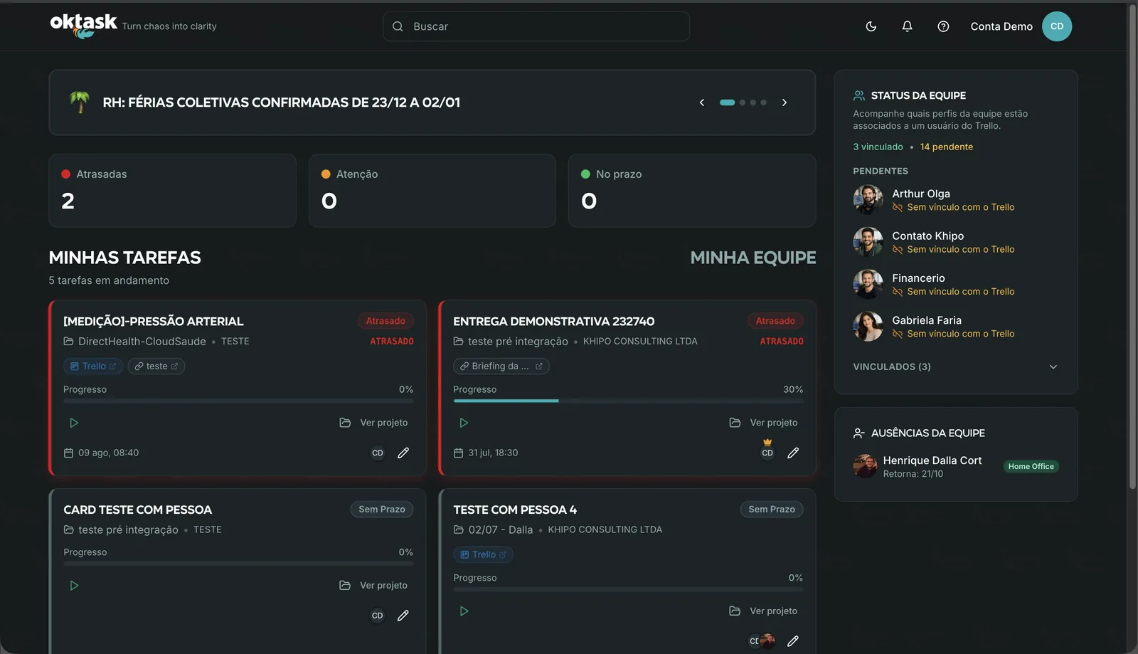 Dashboard principal com tarefas, equipe e comunicados