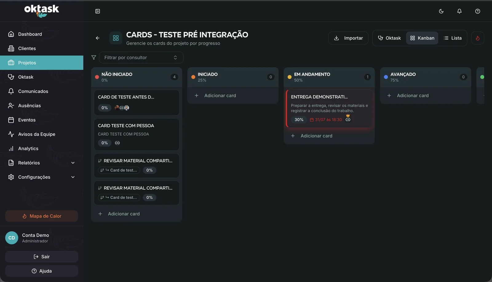 Kanban com progresso por pessoa e prazos